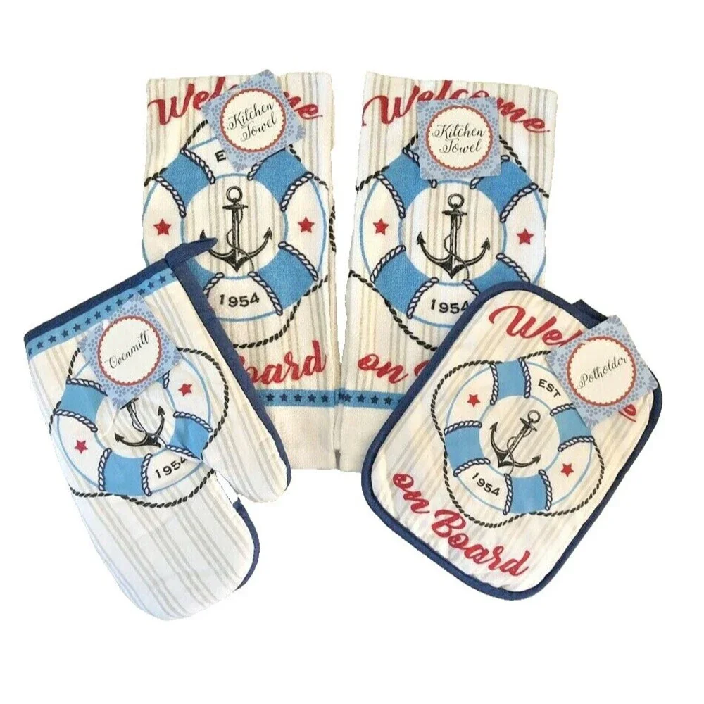 Anchor Dish Towels Oven Mitt Potholder Set of 4 Welcome on Board Beach Boat